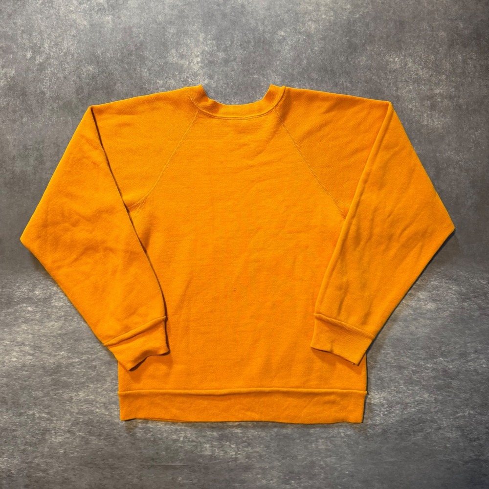 Vintage Blank Raglan Sweatshirt Men Small Yellow Orange 70s 80s Boxy Crewneck